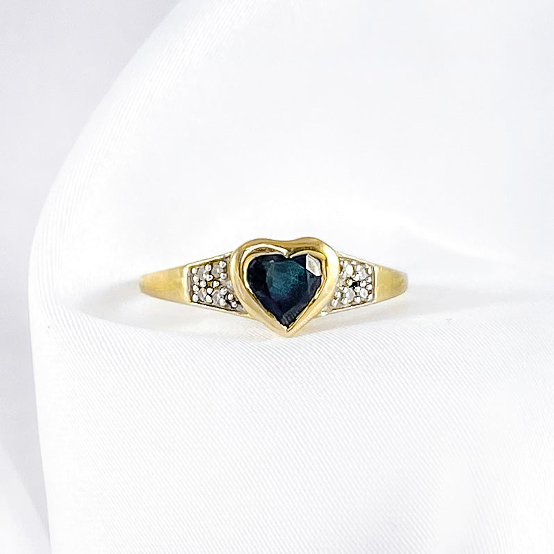Vintage Saffier Hart & Diamanten Ring