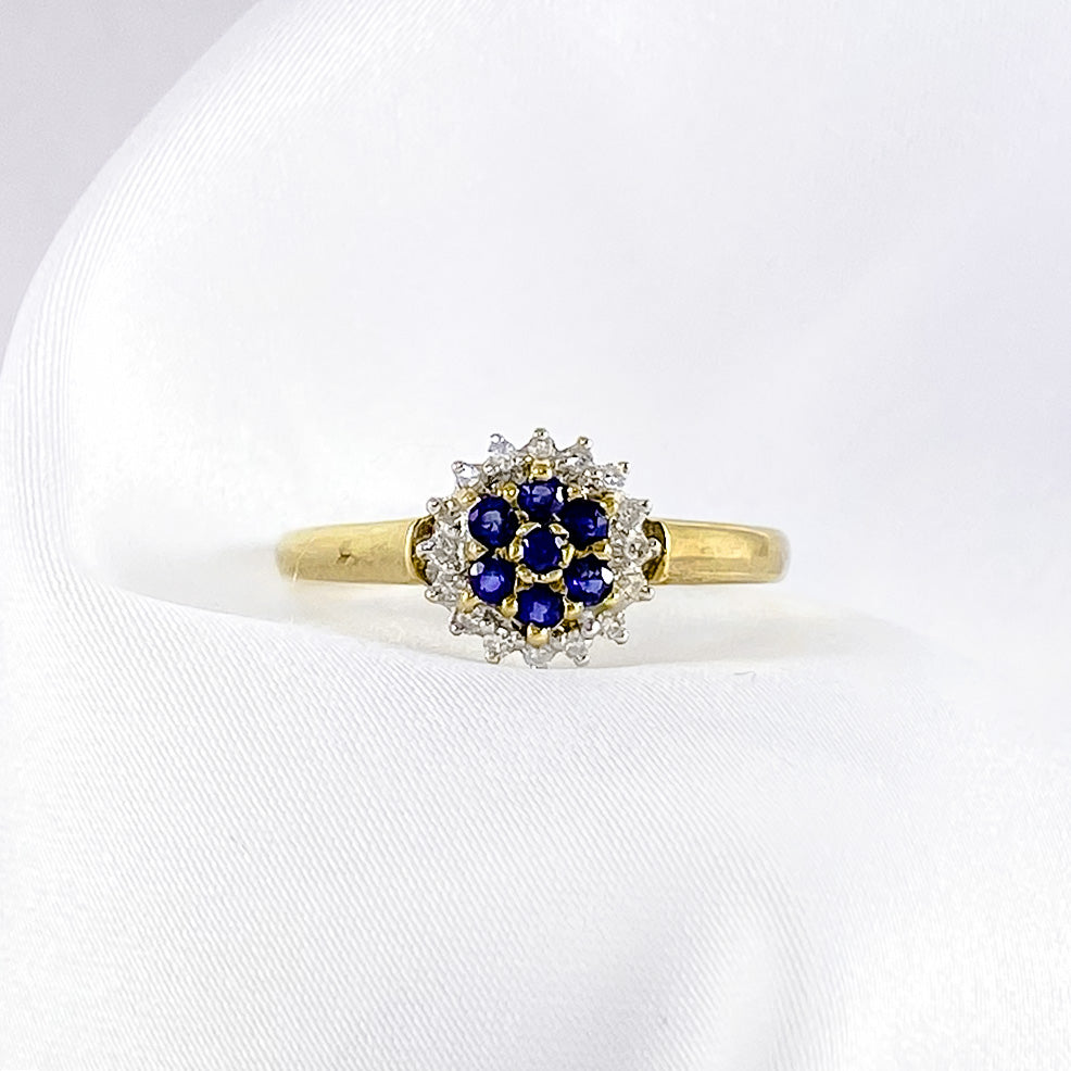 Vintage Saffier & Diamanten Bloem Ring