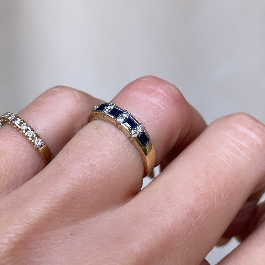 Sapphire and Double Diamonds Row Ring