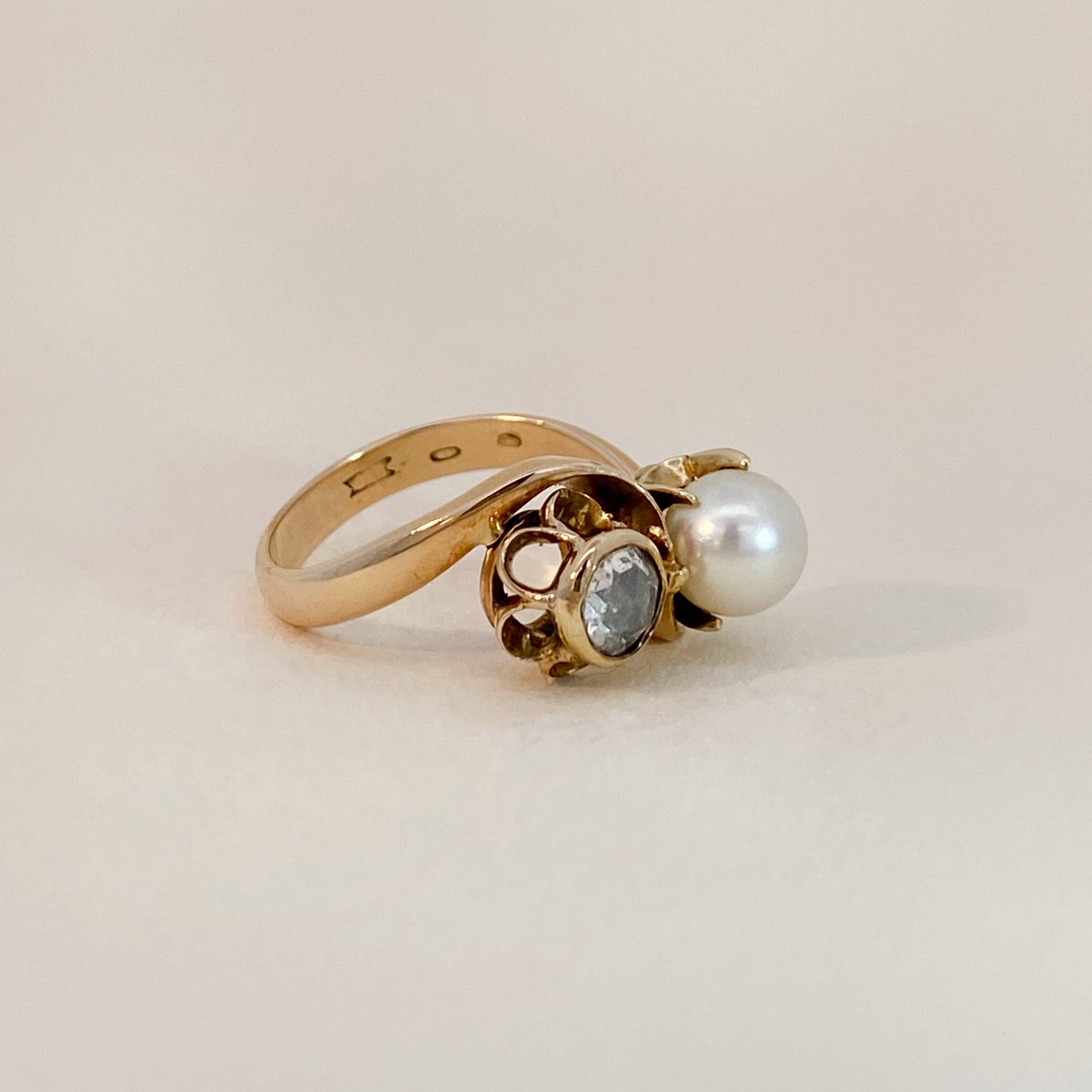 Vintage diamond pearl duo ring
