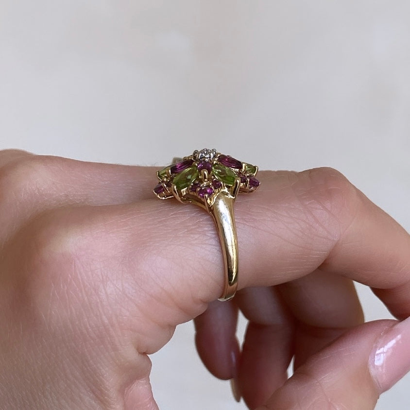 Peridot, Amethyst and Diamond Flower Ring