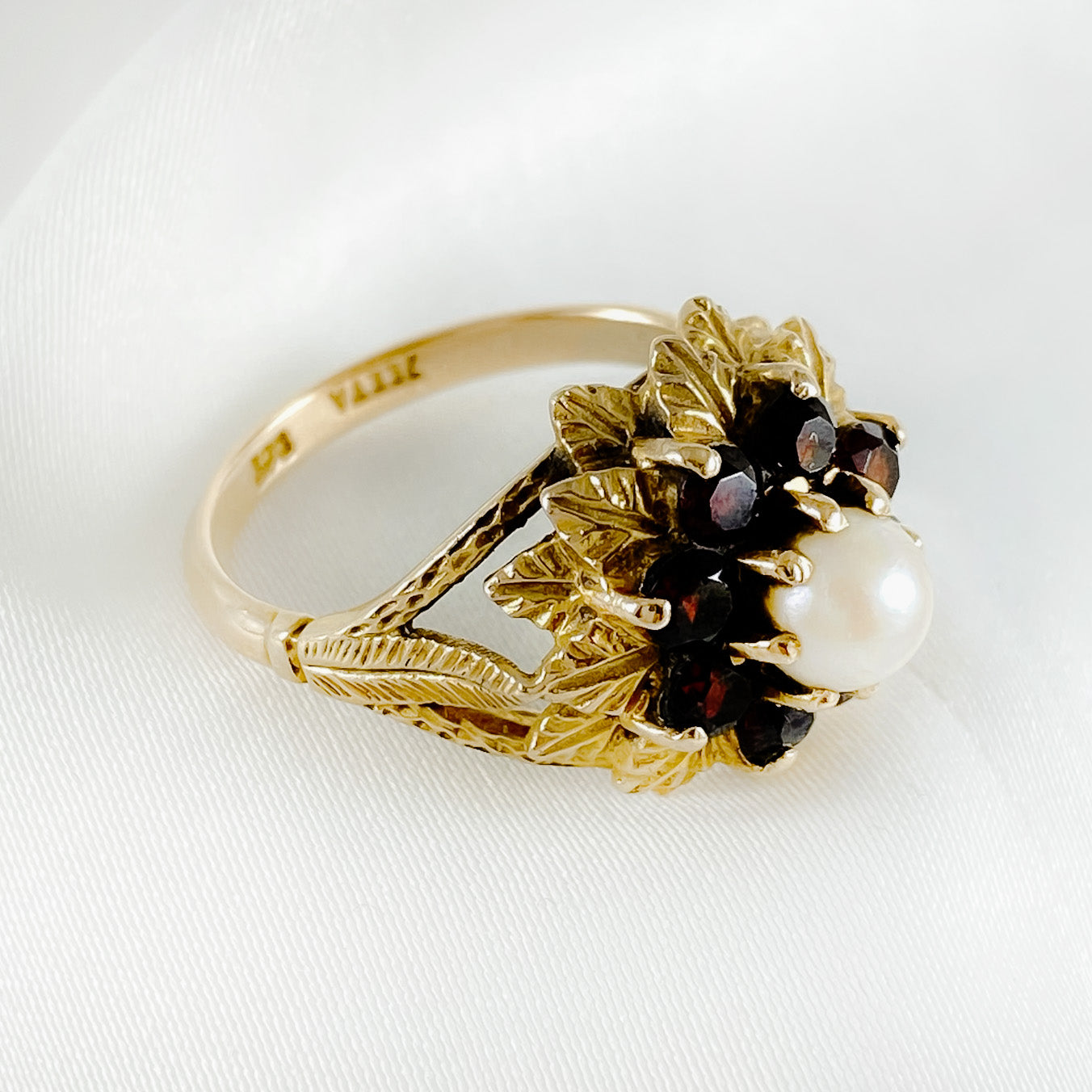 Garnet and Pearl Flower Ring