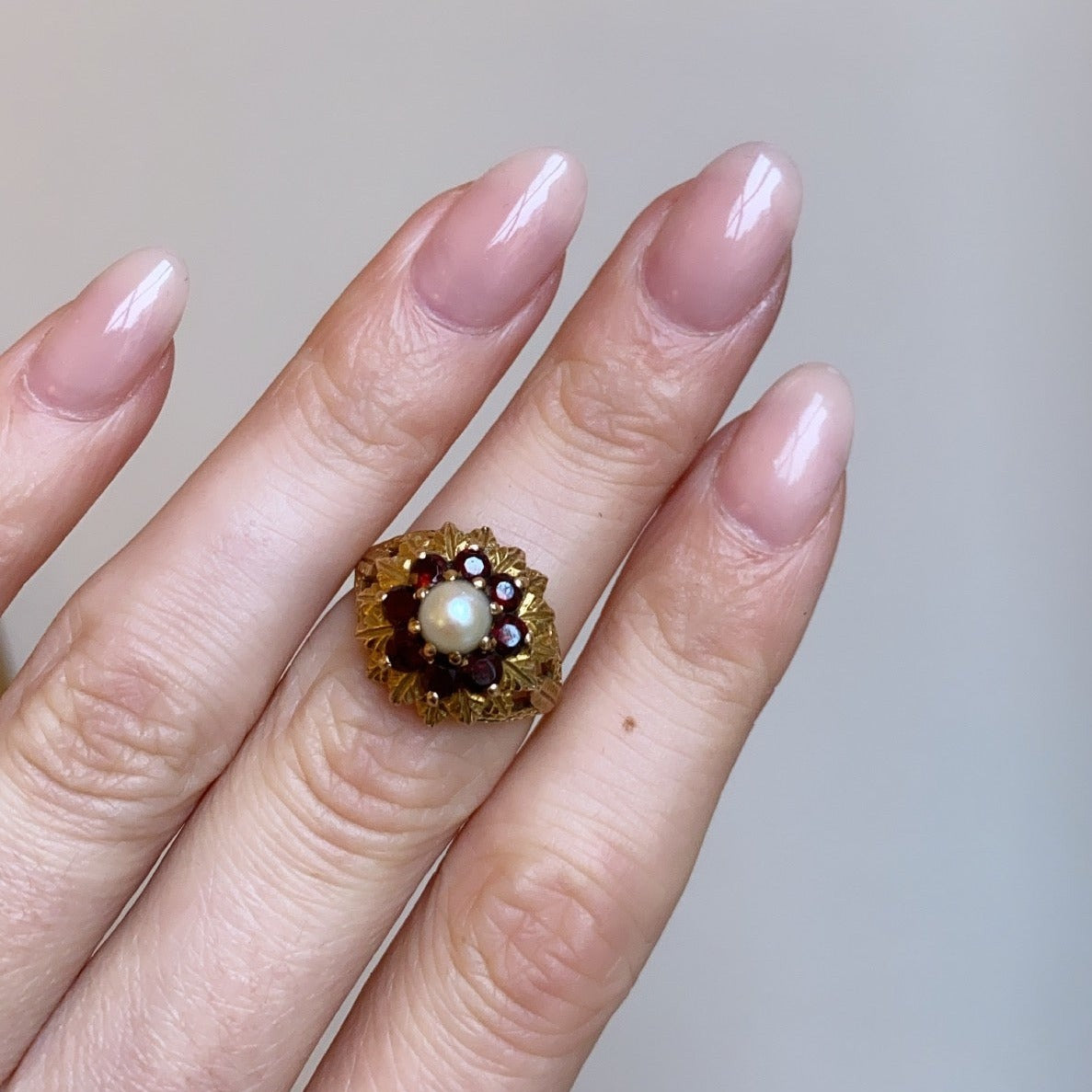 Garnet and Pearl Flower Ring