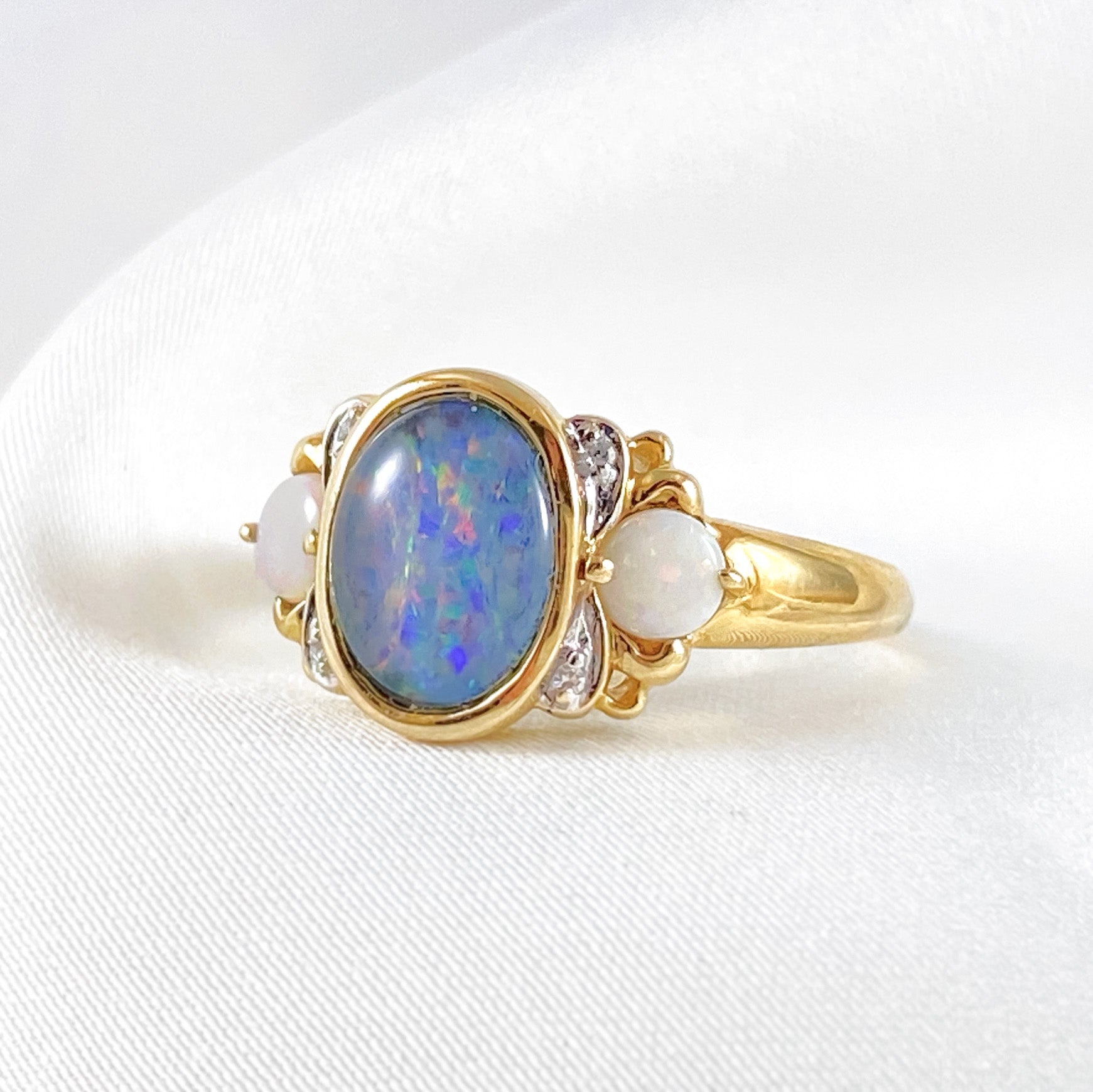 Blue & White Opal Ring with Diamonds
