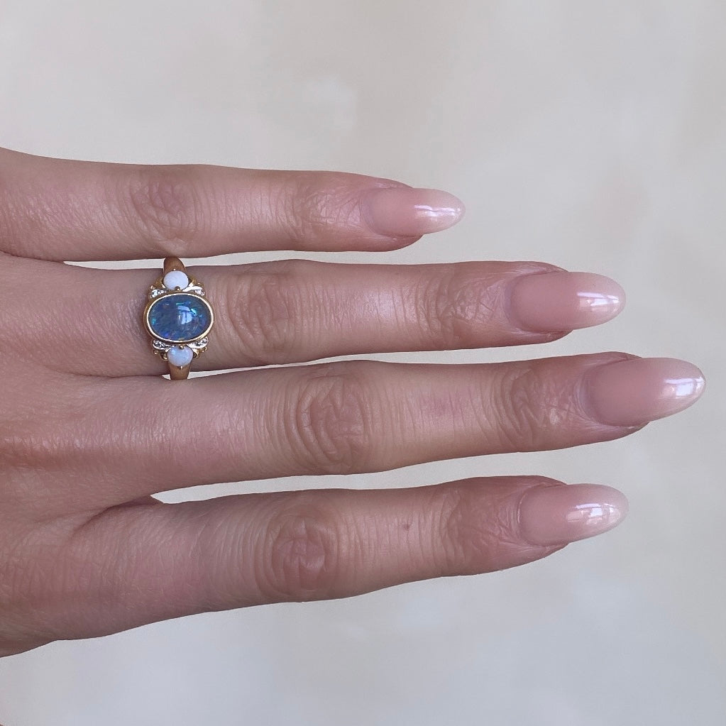 Blue & White Opal Ring with Diamonds